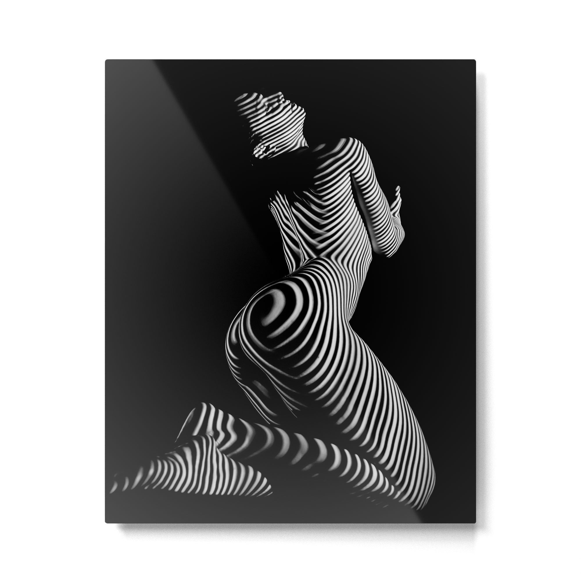 0721s-MM BW Fine Art Nude Tiger Striped Woman on Her Knees Metal Print