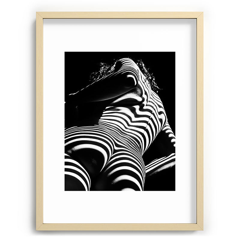 2070-AK Woman Nude Zebra Striped Light Curves around Back Butt Behind Naked Art Framed Art Print