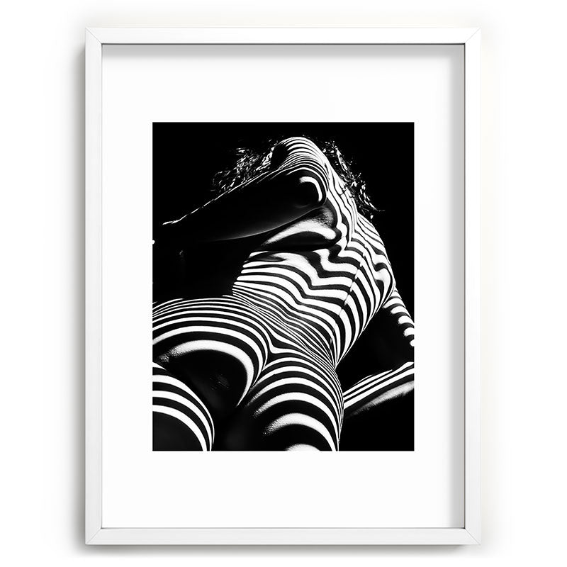 2070-AK Woman Nude Zebra Striped Light Curves around Back Butt Behind Naked Art Framed Art Print