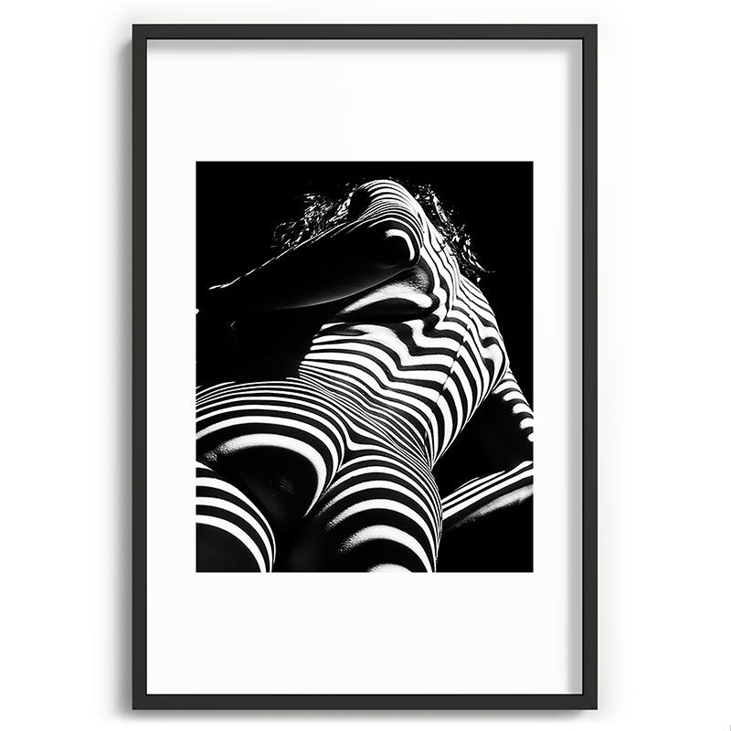 2070-AK Woman Nude Zebra Striped Light Curves around Back Butt Behind Naked Art Framed Art Print