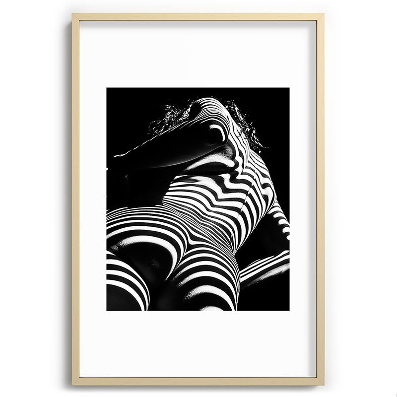 2070-AK Woman Nude Zebra Striped Light Curves around Back Butt Behind Naked Art Framed Art Print