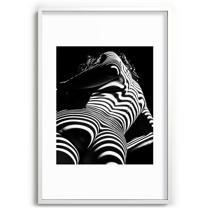 2070-AK Woman Nude Zebra Striped Light Curves around Back Butt Behind Naked Art Framed Art Print