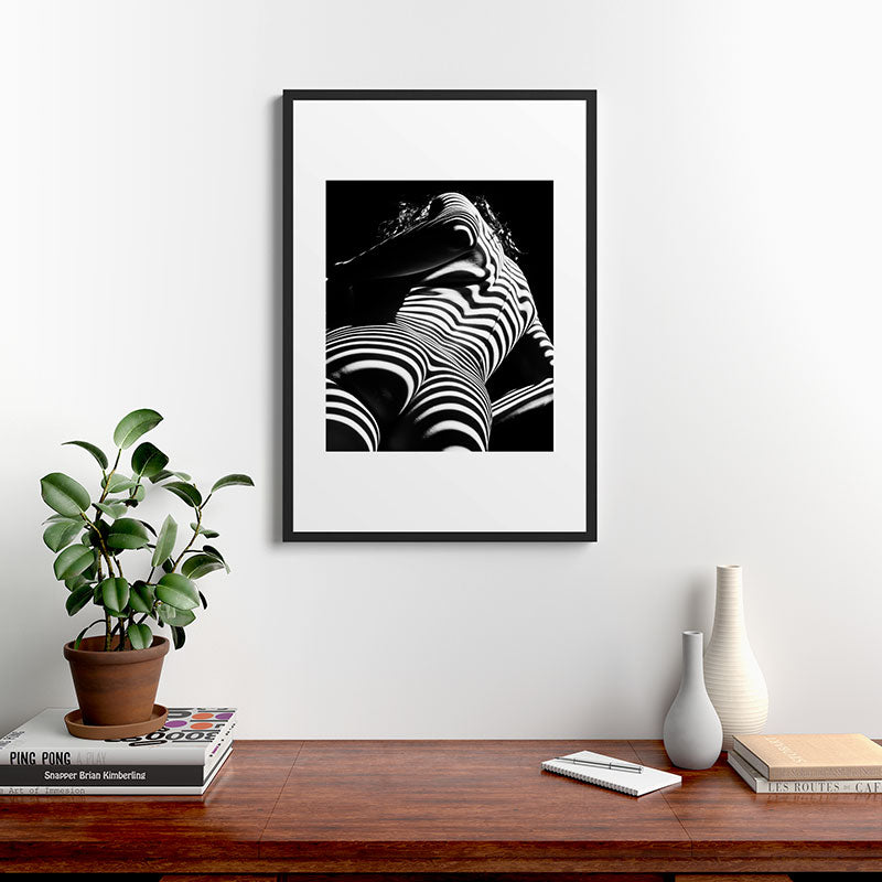 2070-AK Woman Nude Zebra Striped Light Curves around Back Butt Behind Naked Art Framed Art Print