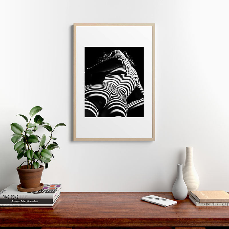 2070-AK Woman Nude Zebra Striped Light Curves around Back Butt Behind Naked Art Framed Art Print