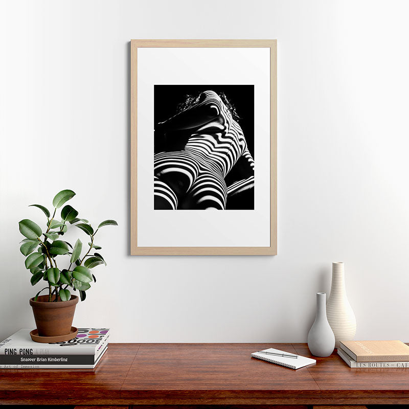 2070-AK Woman Nude Zebra Striped Light Curves around Back Butt Behind Naked Art Framed Art Print