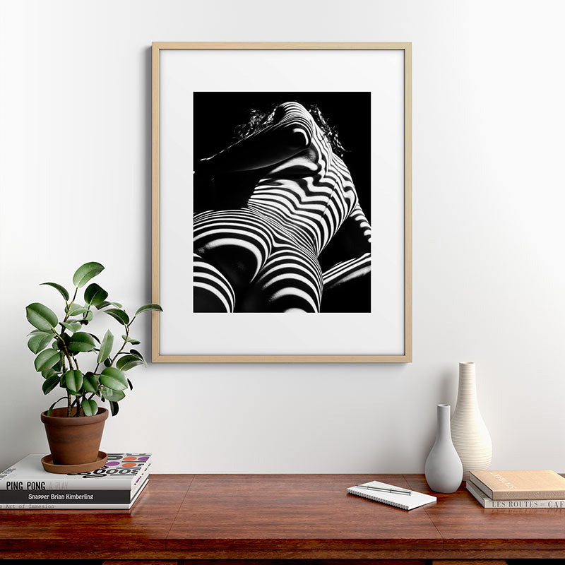 2070-AK Woman Nude Zebra Striped Light Curves around Back Butt Behind Naked Art Framed Art Print
