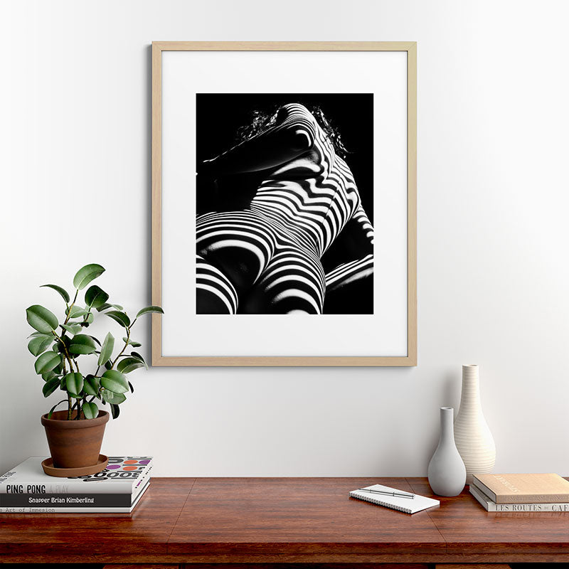 2070-AK Woman Nude Zebra Striped Light Curves around Back Butt Behind Naked Art Framed Art Print