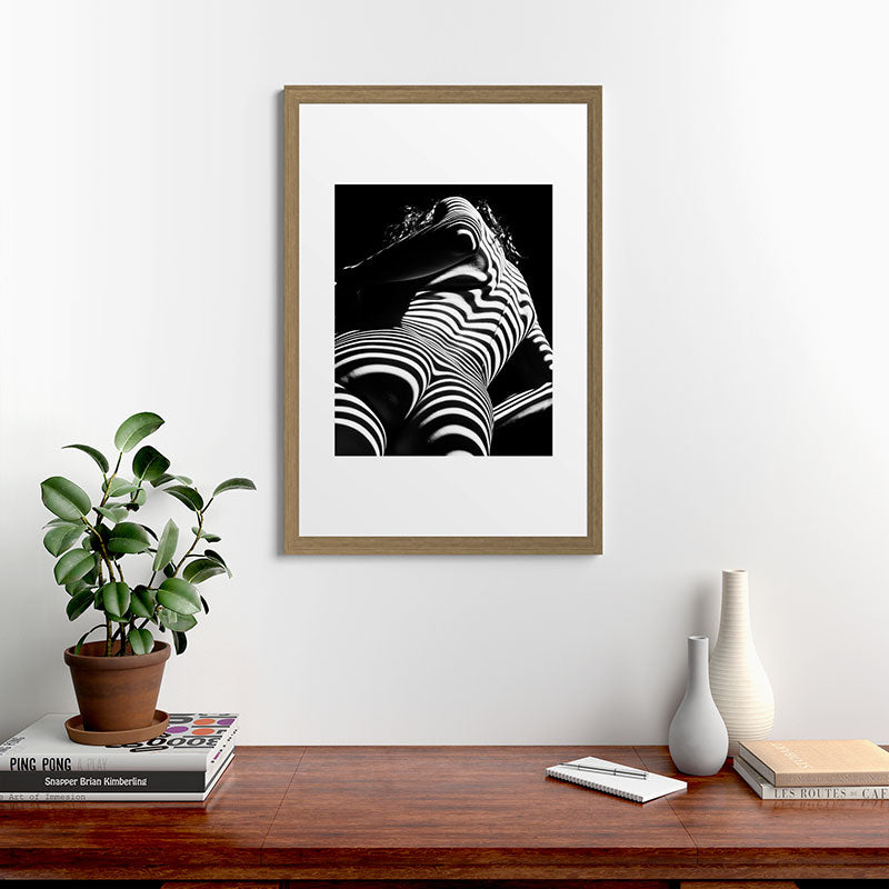 2070-AK Woman Nude Zebra Striped Light Curves around Back Butt Behind Naked Art Framed Art Print