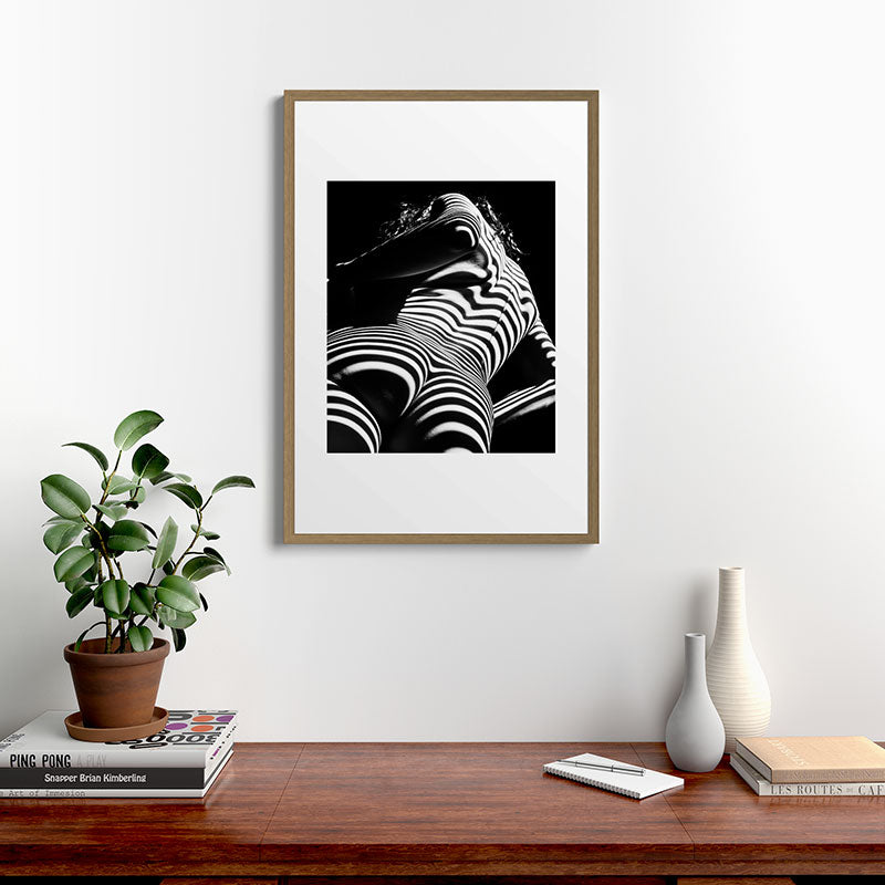 2070-AK Woman Nude Zebra Striped Light Curves around Back Butt Behind Naked Art Framed Art Print