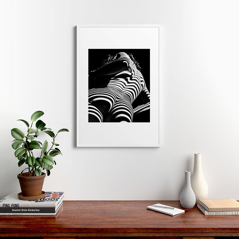 2070-AK Woman Nude Zebra Striped Light Curves around Back Butt Behind Naked Art Framed Art Print