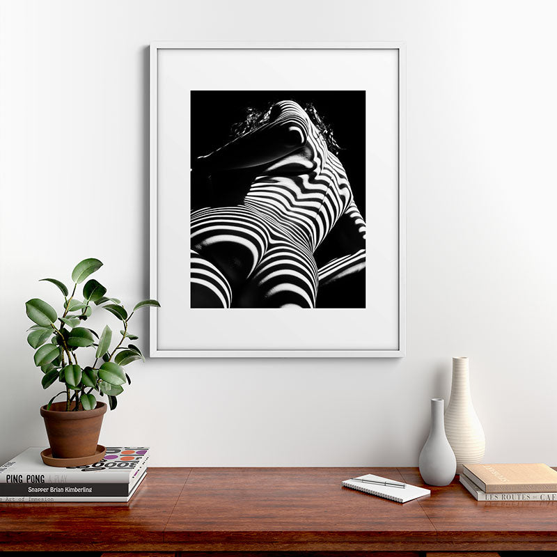2070-AK Woman Nude Zebra Striped Light Curves around Back Butt Behind Naked Art Framed Art Print