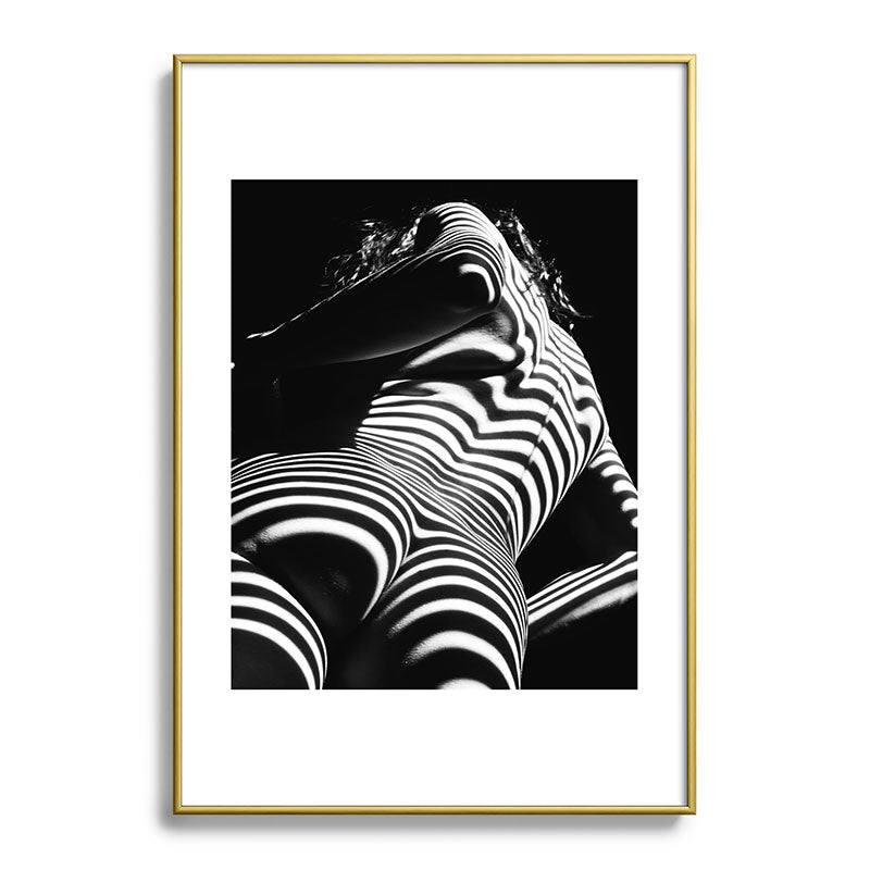 2070-AK Woman Nude Zebra Striped Light Curves around Back Butt Behind Naked Art Framed Art Print