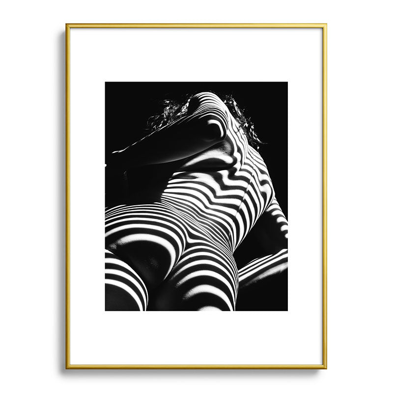 2070-AK Woman Nude Zebra Striped Light Curves around Back Butt Behind Naked Art Framed Art Print