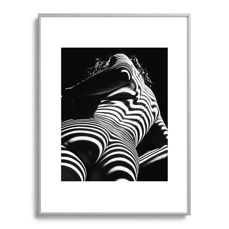 2070-AK Woman Nude Zebra Striped Light Curves around Back Butt Behind Naked Art Framed Art Print