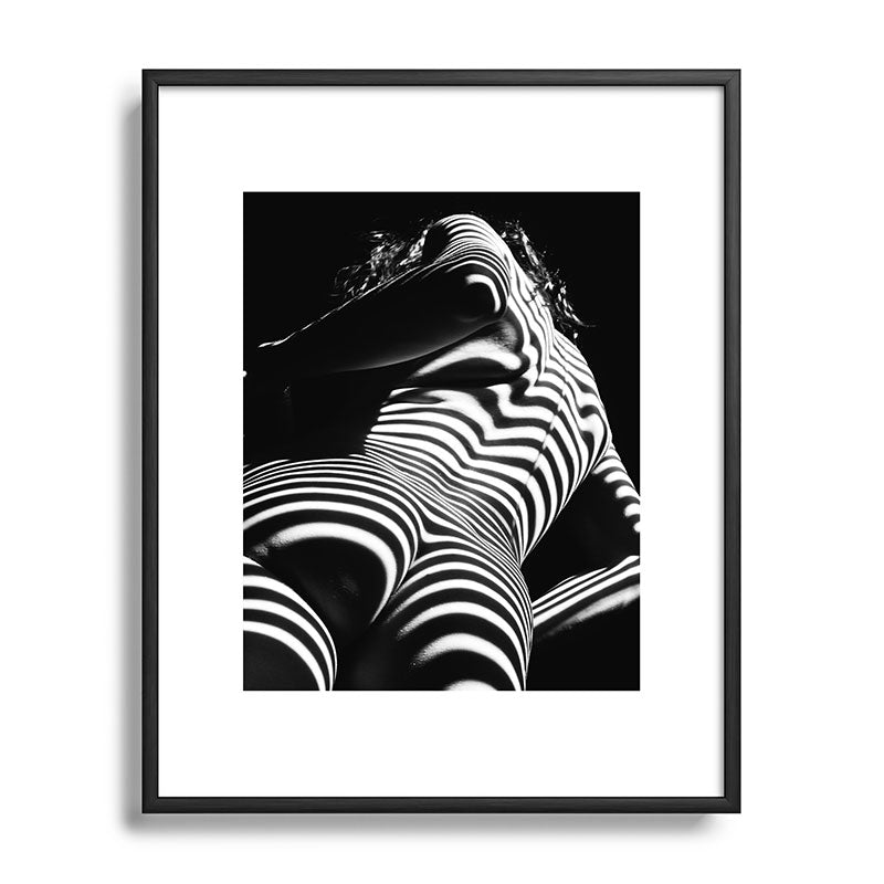 2070-AK Woman Nude Zebra Striped Light Curves around Back Butt Behind Naked Art Framed Art Print