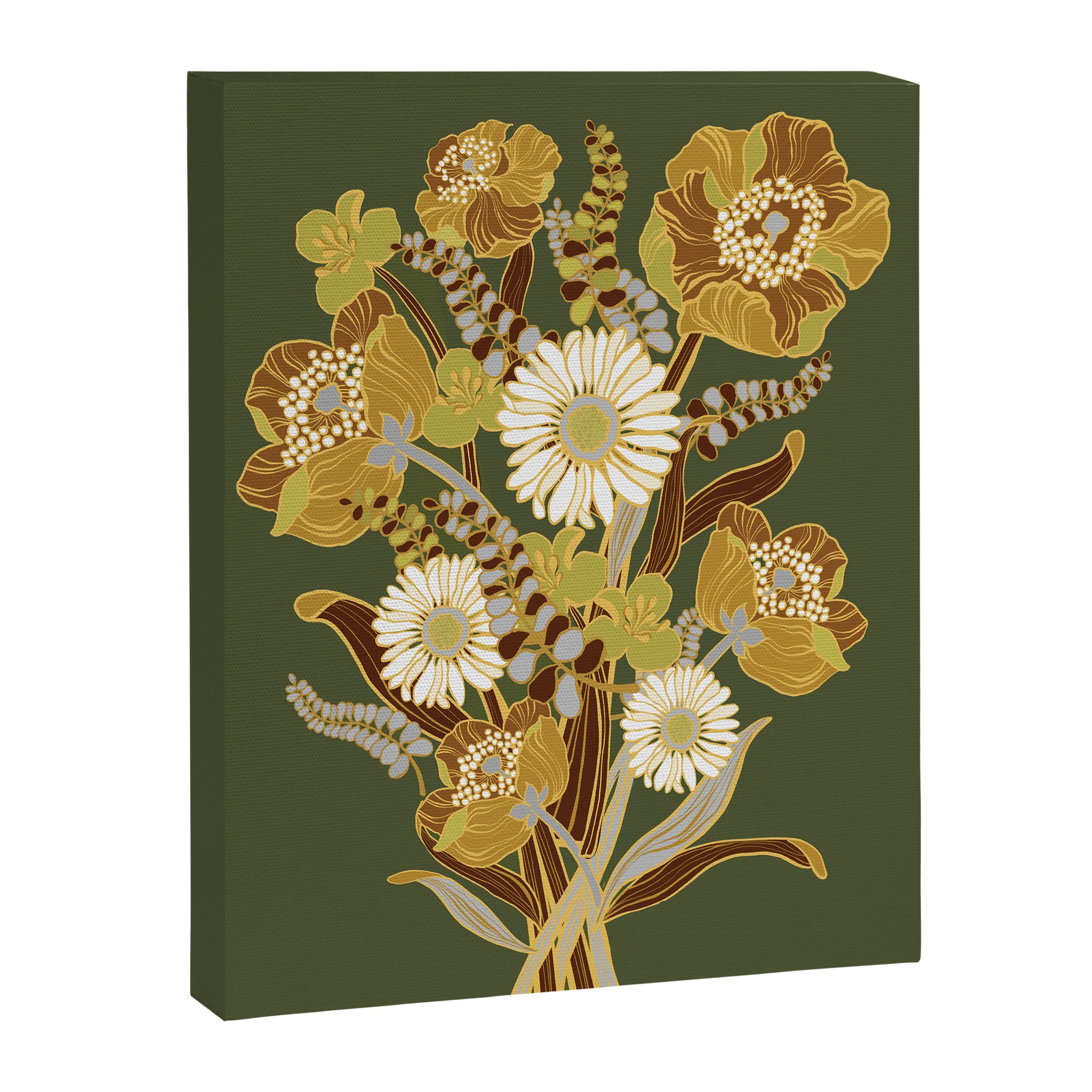 70s, flowers, green, retro, vintage, floral bouquet, olive green Canvas Print