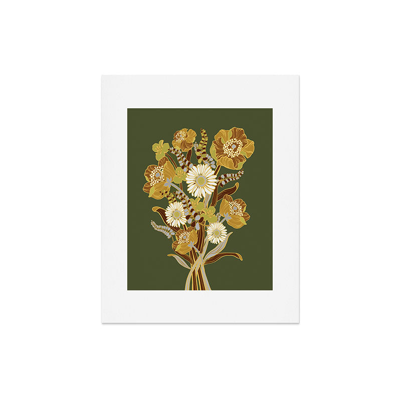 70s, flowers, green, retro, vintage, floral bouquet, olive green Art Print