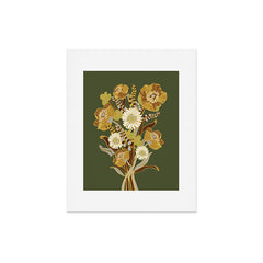70s, flowers, green, retro, vintage, floral bouquet, olive green Art Print