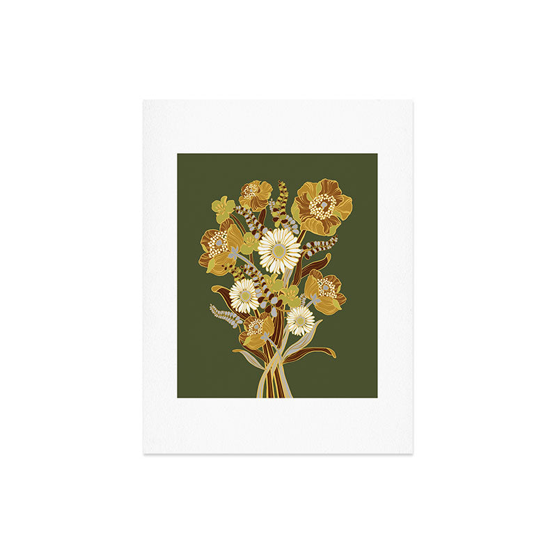 70s, flowers, green, retro, vintage, floral bouquet, olive green Art Print