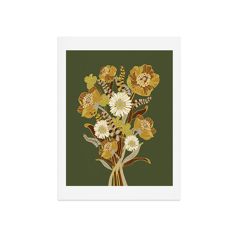 70s, flowers, green, retro, vintage, floral bouquet, olive green Art Print