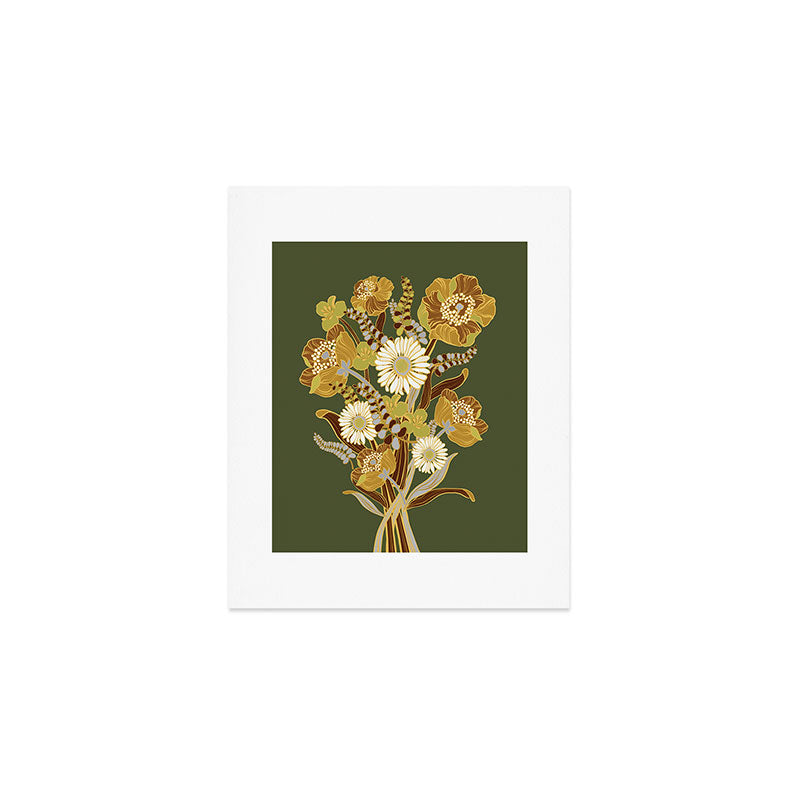 70s, flowers, green, retro, vintage, floral bouquet, olive green Art Print