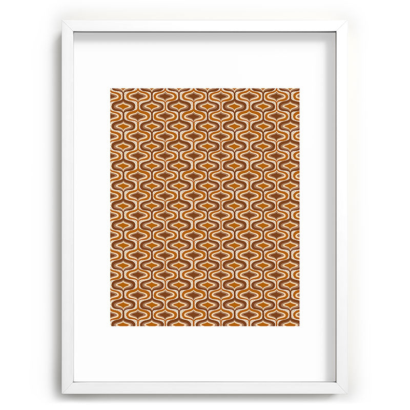 70s mod fabric repeat, orange and browns Framed Art Print