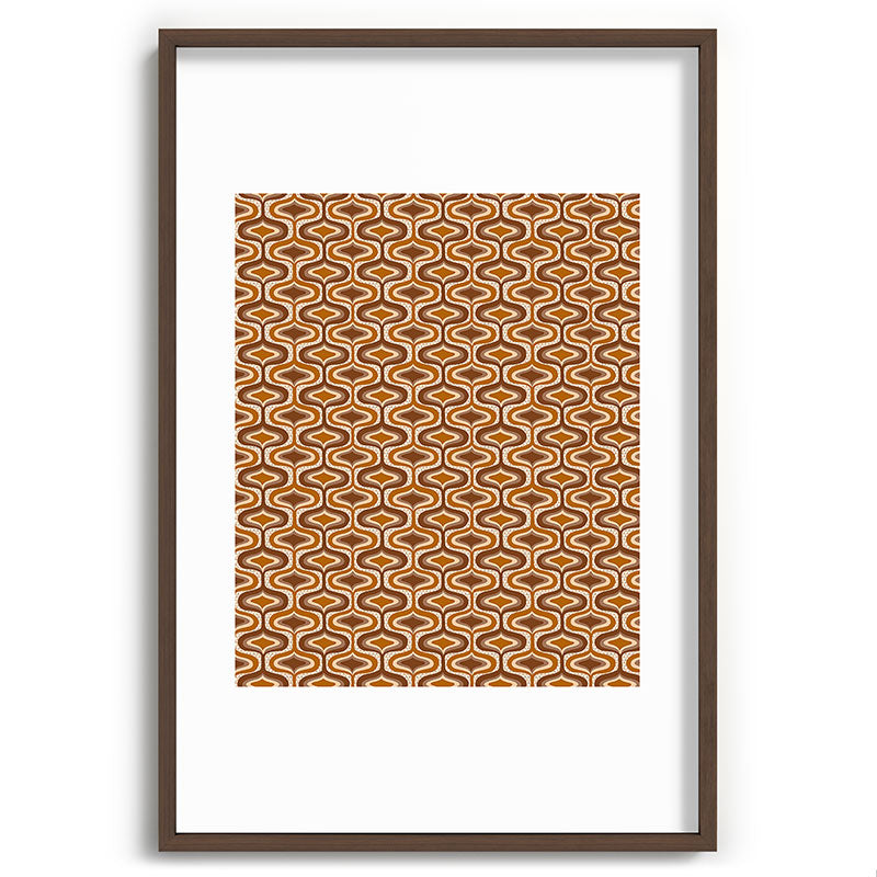 70s mod fabric repeat, orange and browns Framed Art Print