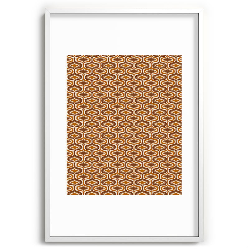 70s mod fabric repeat, orange and browns Framed Art Print