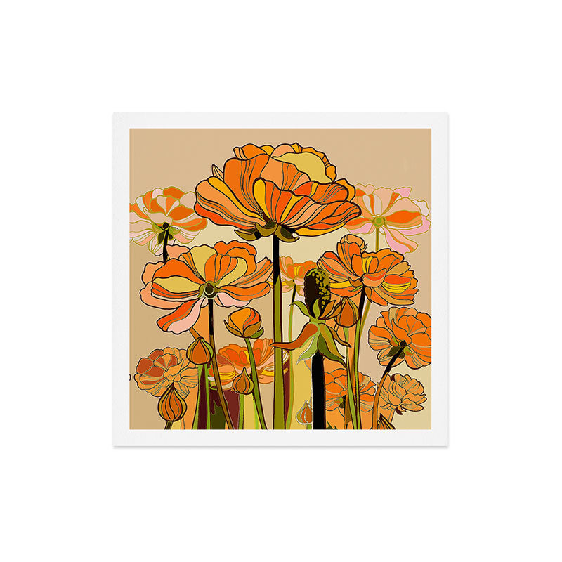 70s, Orange California poppies, mid century, 70s retro, flowers Art Print