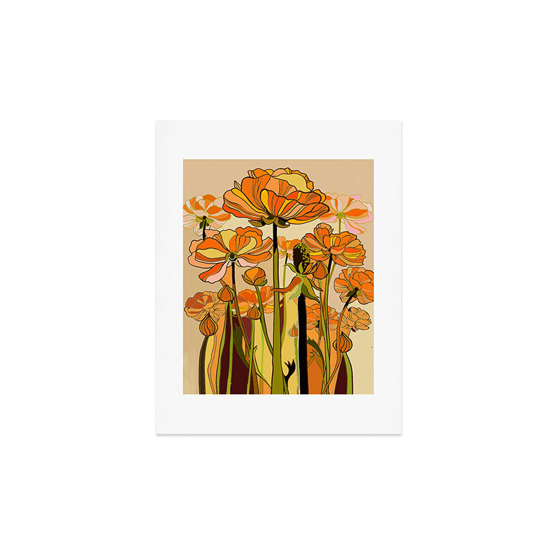 70s, Orange California poppies, mid century, 70s retro, flowers Art Print