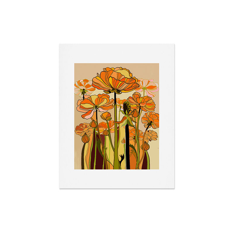 70s, Orange California poppies, mid century, 70s retro, flowers Art Print
