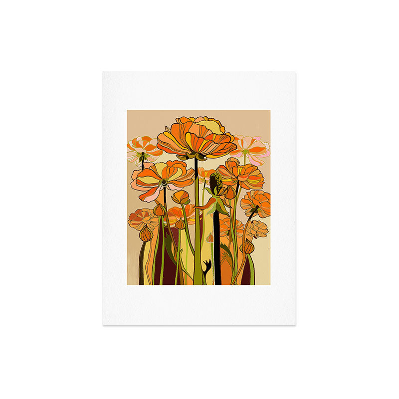 70s, Orange California poppies, mid century, 70s retro, flowers Art Print