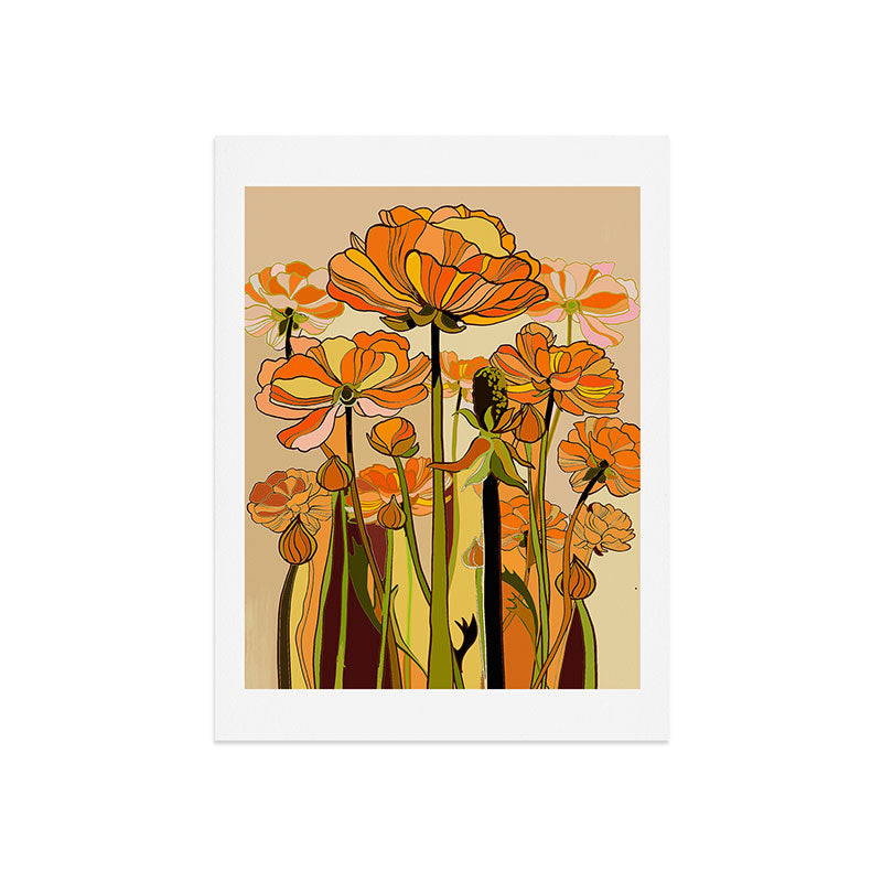 70s, Orange California poppies, mid century, 70s retro, flowers Art Print