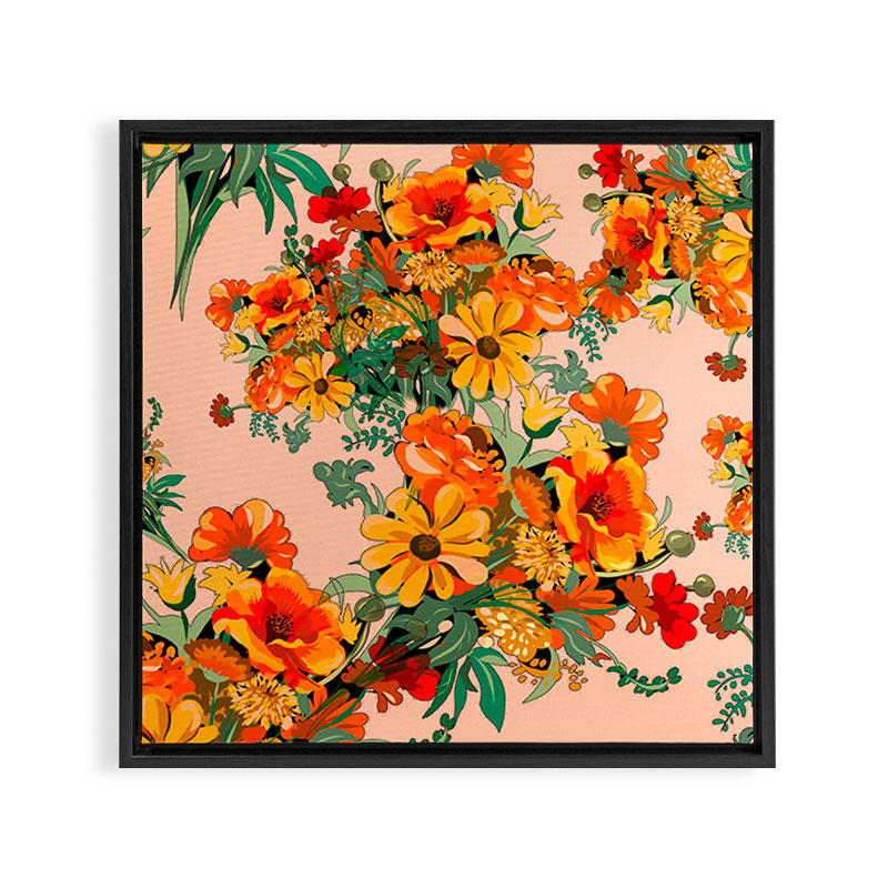 70s Pastel Floral on pink blush Boho Framed Canvas Print