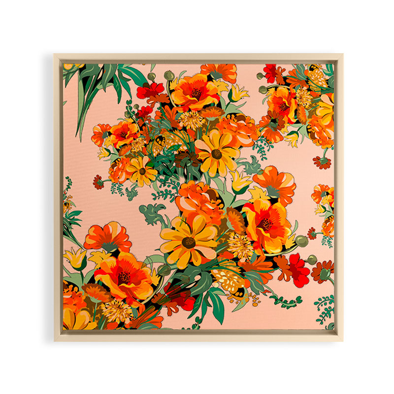 70s Pastel Floral on pink blush Boho Framed Canvas Print