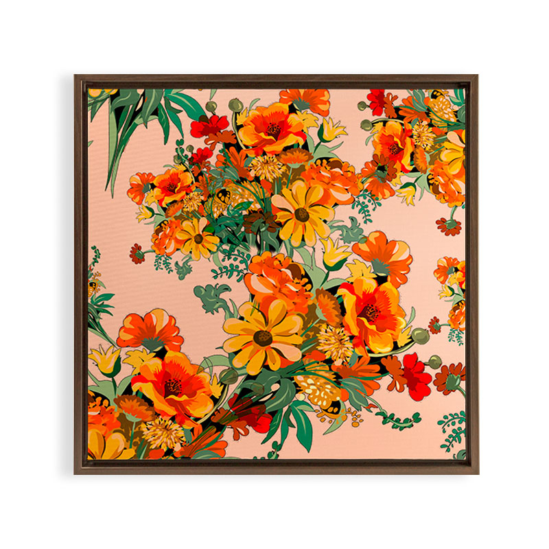 70s Pastel Floral on pink blush Boho Framed Canvas Print