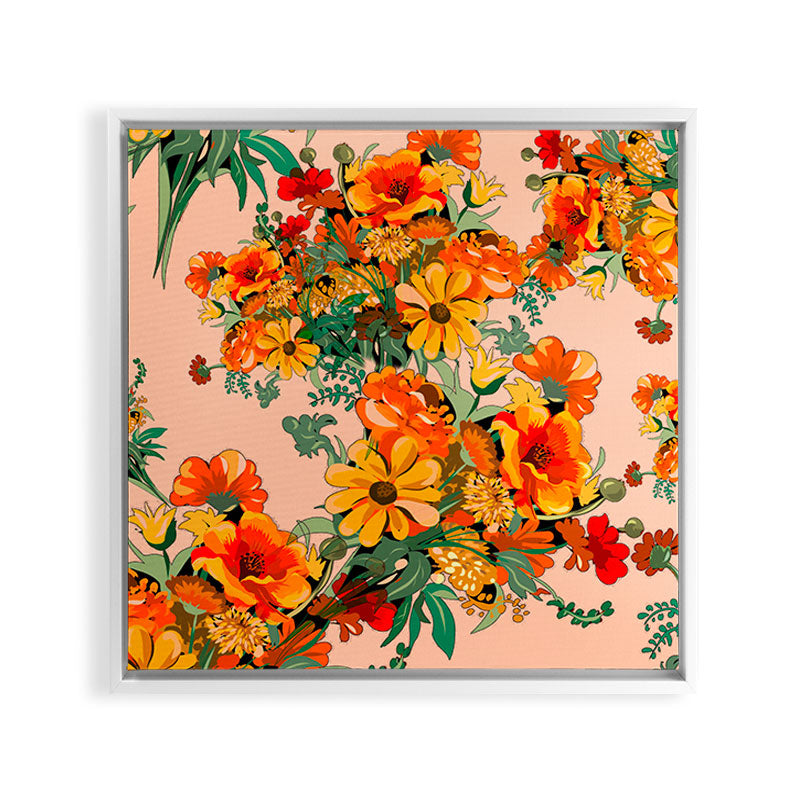 70s Pastel Floral on pink blush Boho Framed Canvas Print