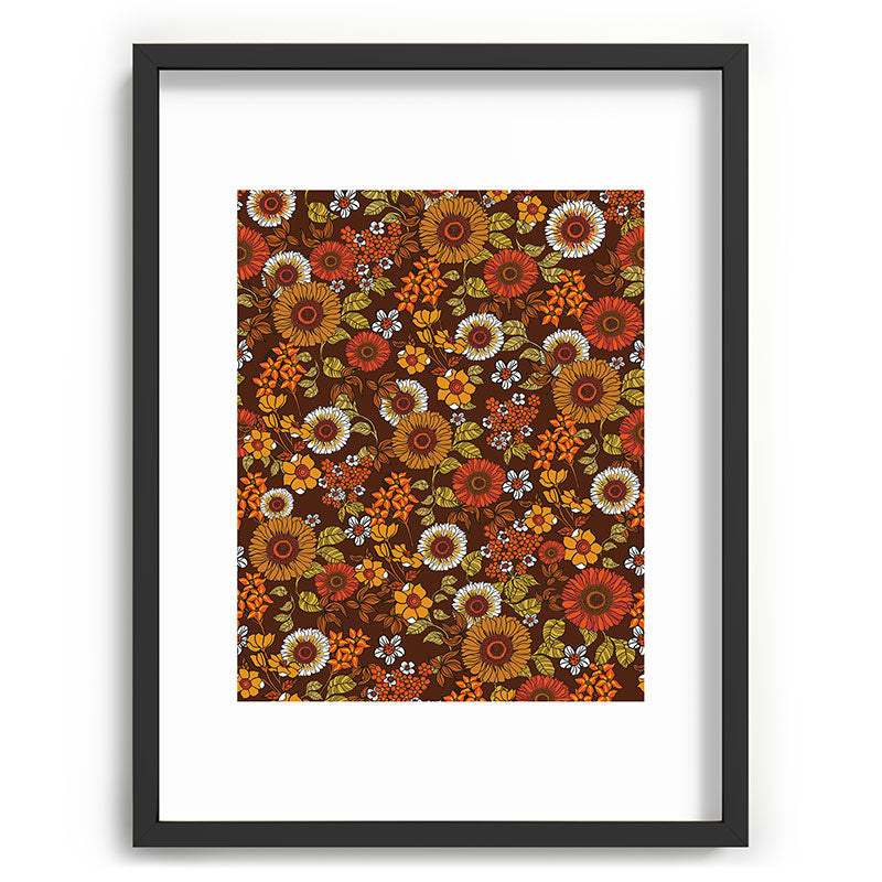70s retro ditzy flowers, boho, browns, orange, hippie Framed Art Print