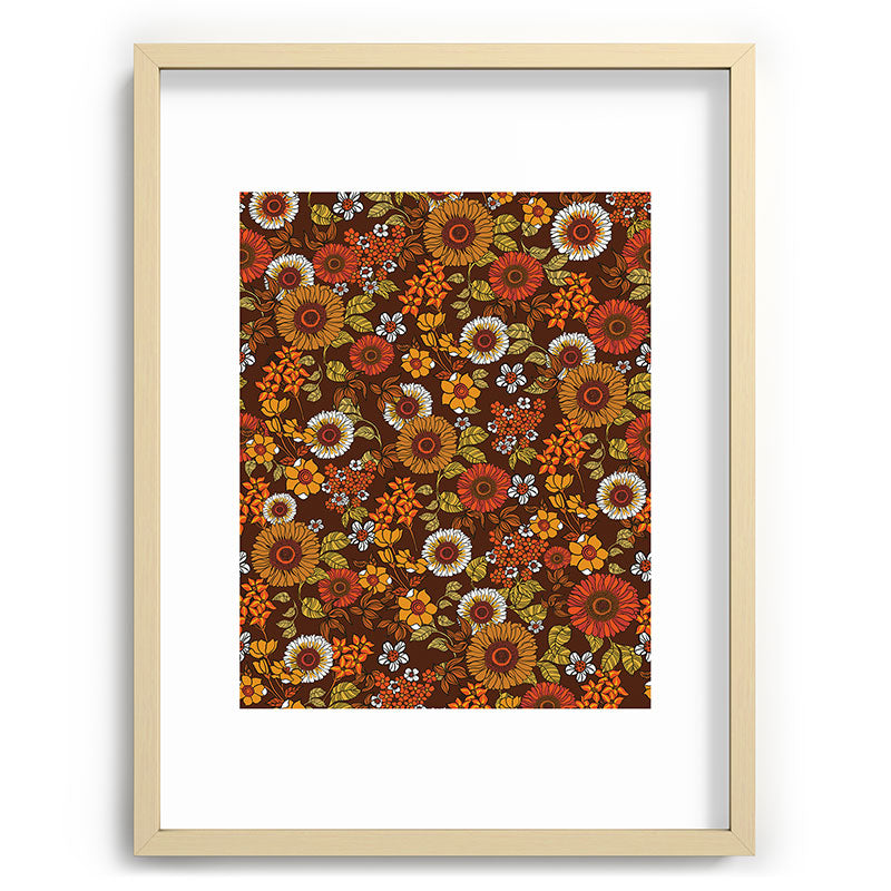 70s retro ditzy flowers, boho, browns, orange, hippie Framed Art Print