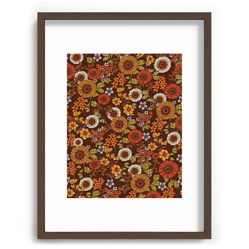 70s retro ditzy flowers, boho, browns, orange, hippie Framed Art Print