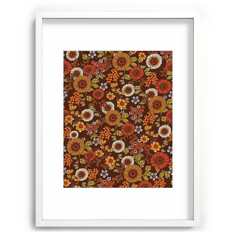 70s retro ditzy flowers, boho, browns, orange, hippie Framed Art Print