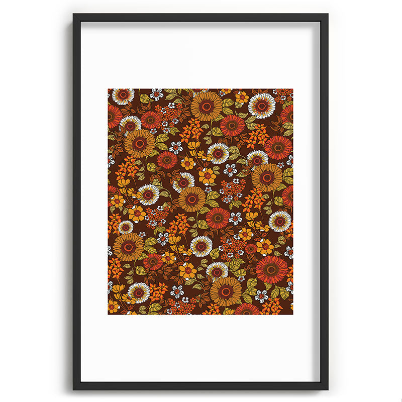 70s retro ditzy flowers, boho, browns, orange, hippie Framed Art Print