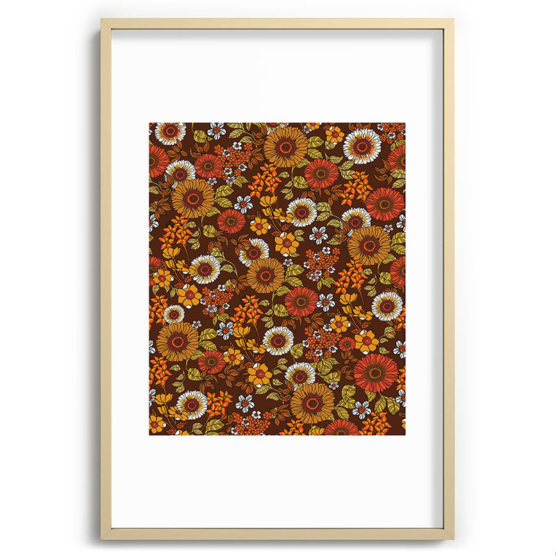70s retro ditzy flowers, boho, browns, orange, hippie Framed Art Print