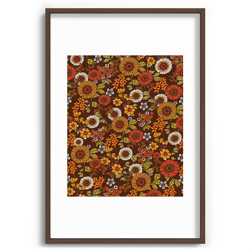 70s retro ditzy flowers, boho, browns, orange, hippie Framed Art Print