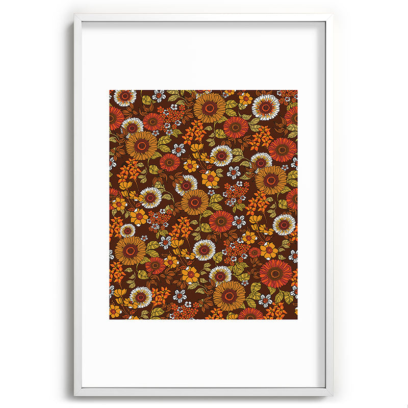 70s retro ditzy flowers, boho, browns, orange, hippie Framed Art Print