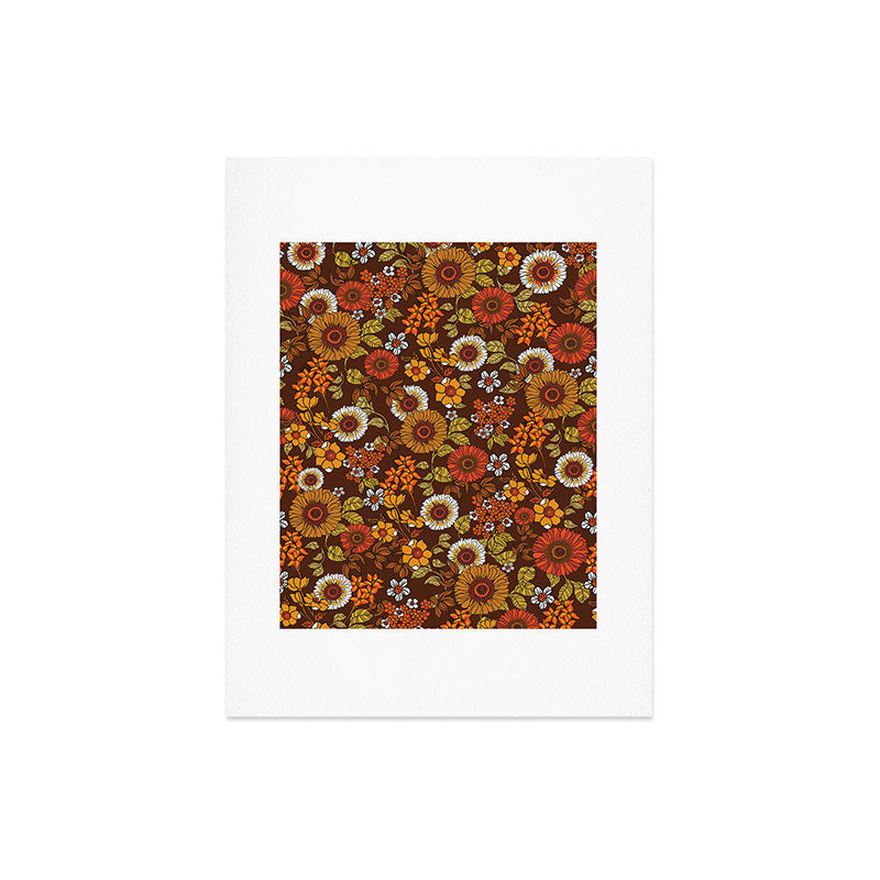 70s retro ditzy flowers, boho, browns, orange, hippie Art Print