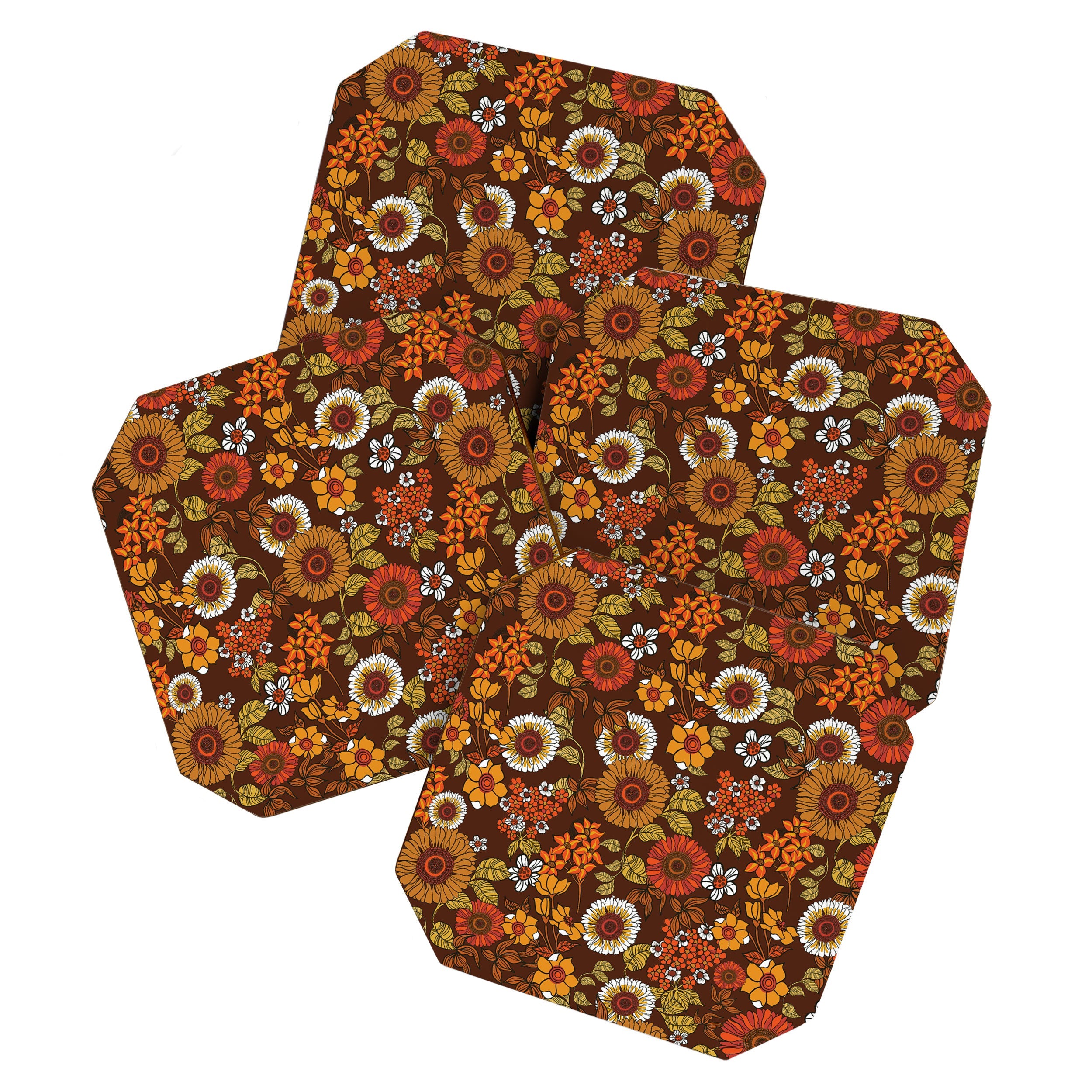 70s retro ditzy flowers, boho, browns, orange, hippie Coaster