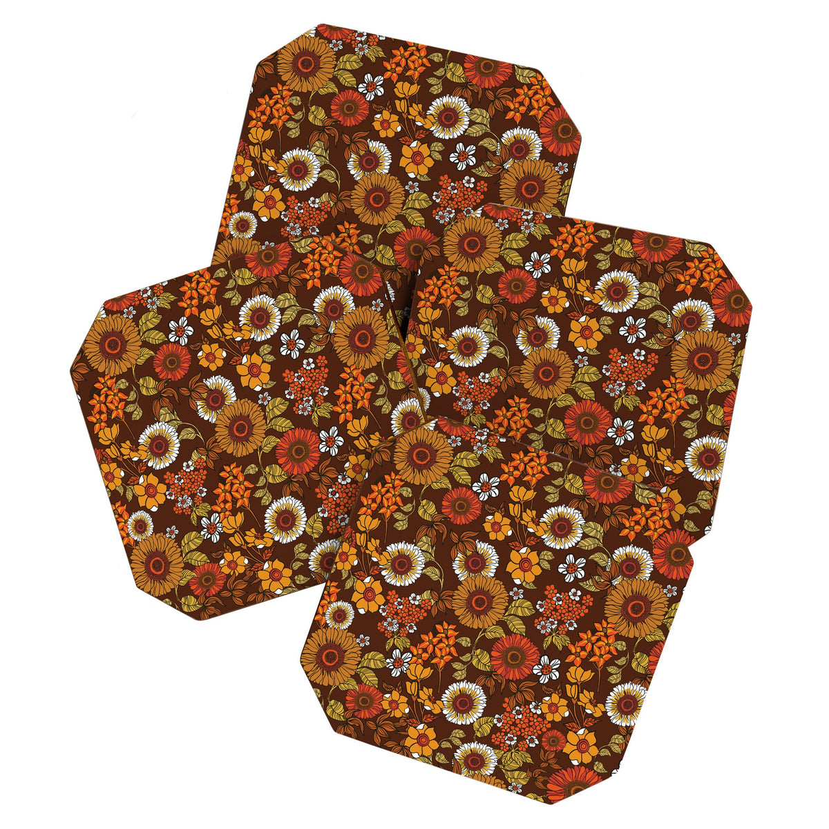 70s retro ditzy flowers, boho, browns, orange, hippie Coaster