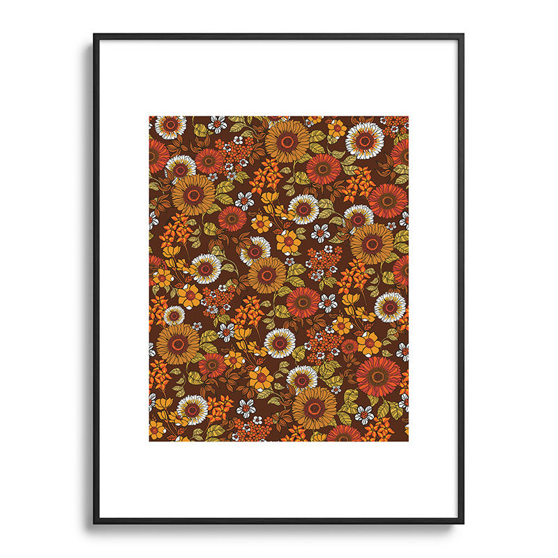 70s retro ditzy flowers, boho, browns, orange, hippie Framed Art Print