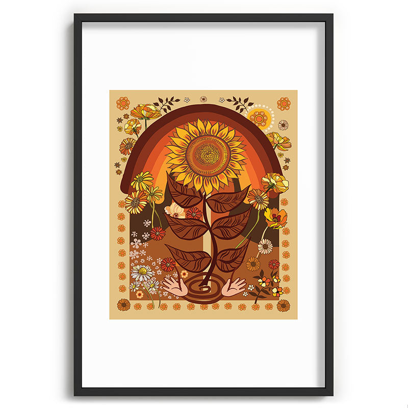 70s, Sunflower, retro, rainbow, warm colors, 60s, boho Framed Art Print